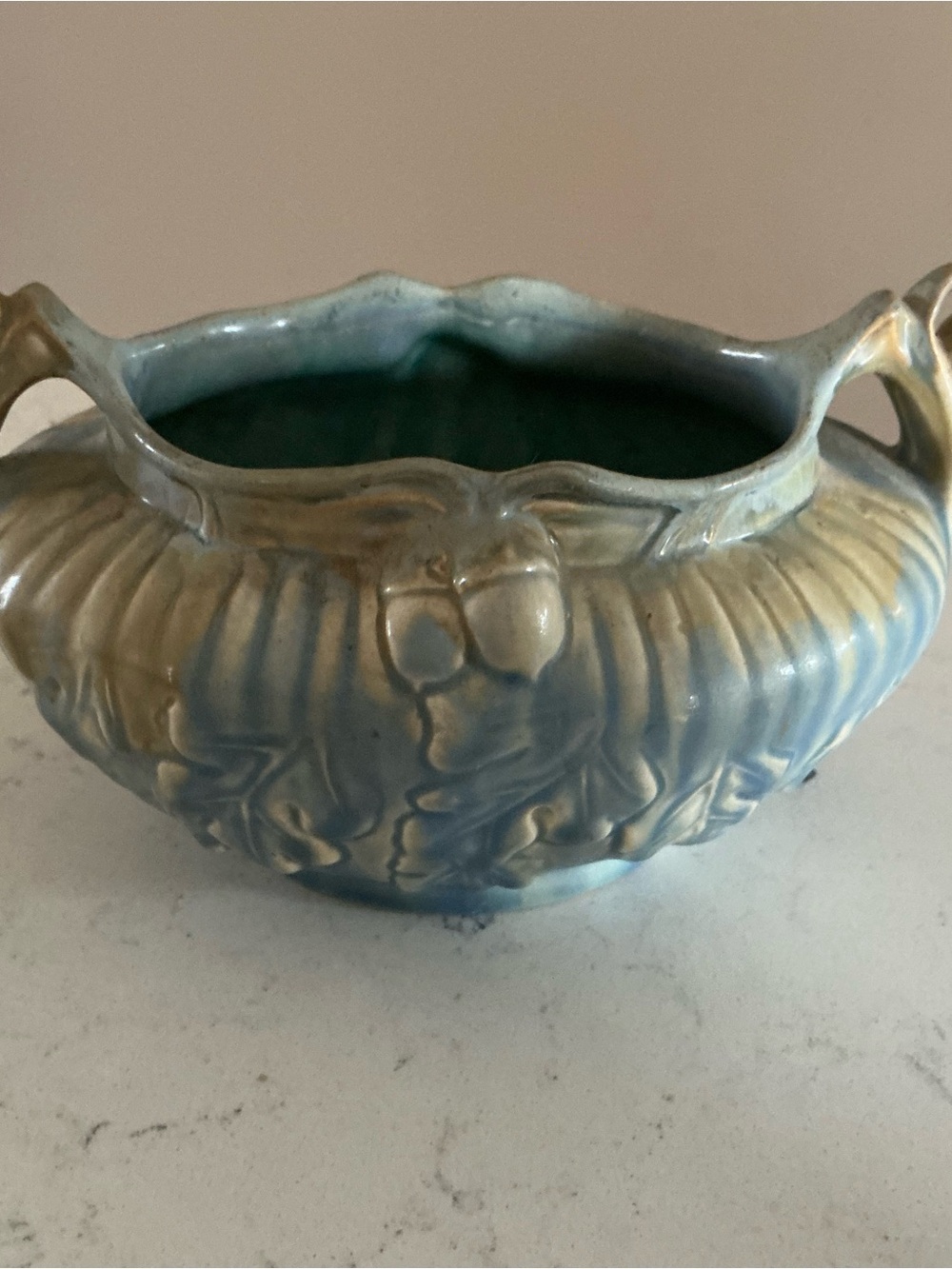 Vintage 1930s Belgium pottery planter vase blue tan acorn drip glaze vase #2038